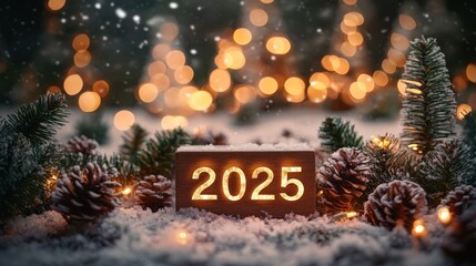 Festive winter scene with snow-covered pine cones and evergreen branches surrounding a glowing wooden block displaying the year 2025, warm bokeh lights in the background