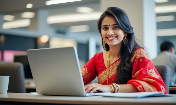 Smiling indian woman working on laptop at office desk - Powered by Adobe