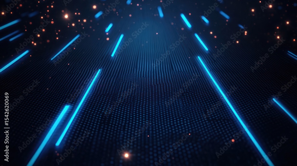 Poster futuristic digital grid with glowing horizontal blue lines and small light particles on a dark textu