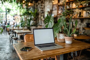 Laptop on cafe table, plants, blur background