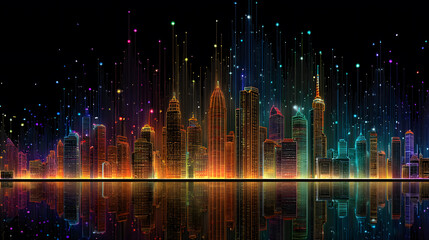 Futuristic Cityscape with Illuminated Skyscrapers and Starry Sky Reflection