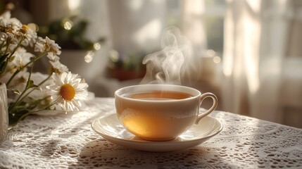 Fototapeta premium Cozy morning tea with flowers