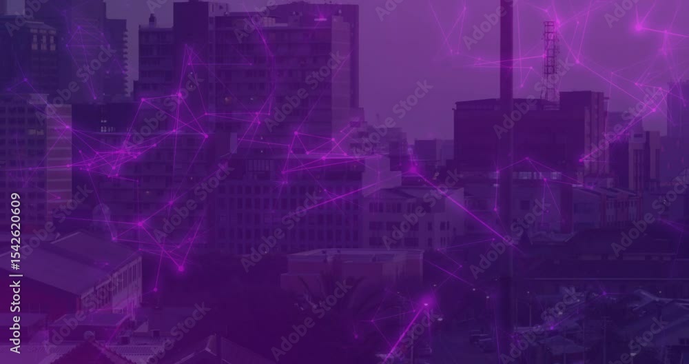Poster purple nodes appearing over urban skyline at dusk, pulsing lines forming patterns showing data flow