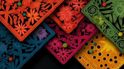 Hispanic heritage month. Papel Picado pattern, perforated paper on black background.