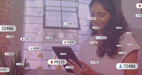 woman lifting tablet and tapping causing floating badges multiplying into six figures in marketing - Powered by Adobe