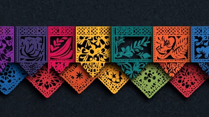 Hispanic heritage month. Papel Picado pattern, perforated paper on black background.