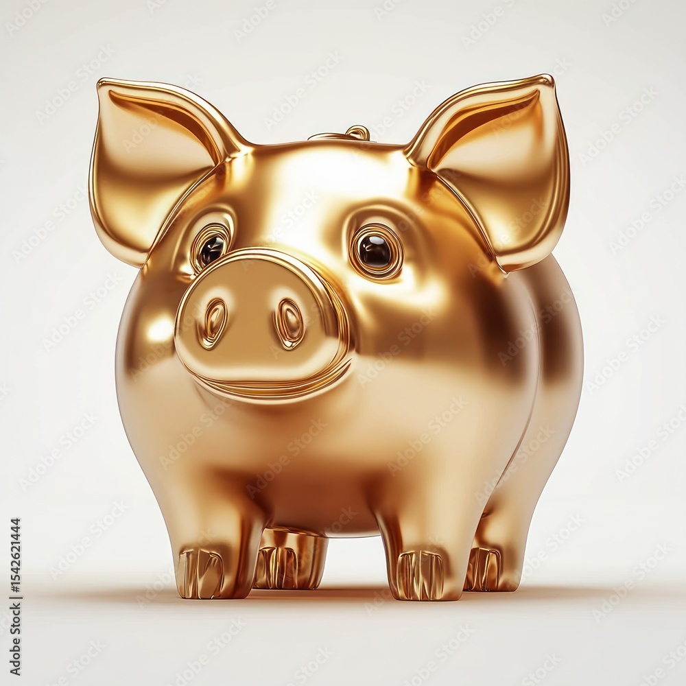 Poster shiny golden piggy bank with reflective surface standing on a plain background expressing wealth and