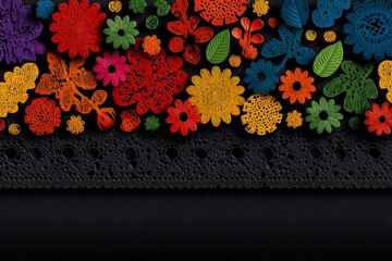Hispanic heritage month. Papel Picado pattern, perforated paper on black background.