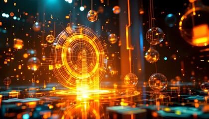 Obraz premium Futuristic hologram projection with rotating 3D shapes and light effects, tech innovation theme .