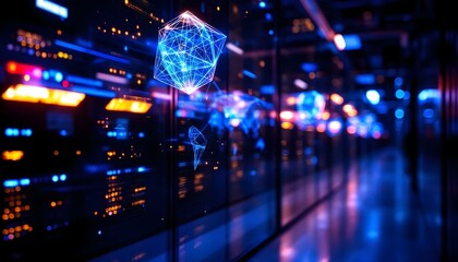 Obraz premium Futuristic hologram projection with rotating 3D shapes and light effects, tech innovation theme .