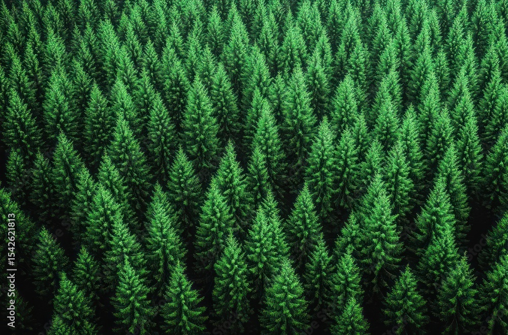 Poster a dense forest of vibrant green coniferous trees seen from above, creating a repetitive natural patt