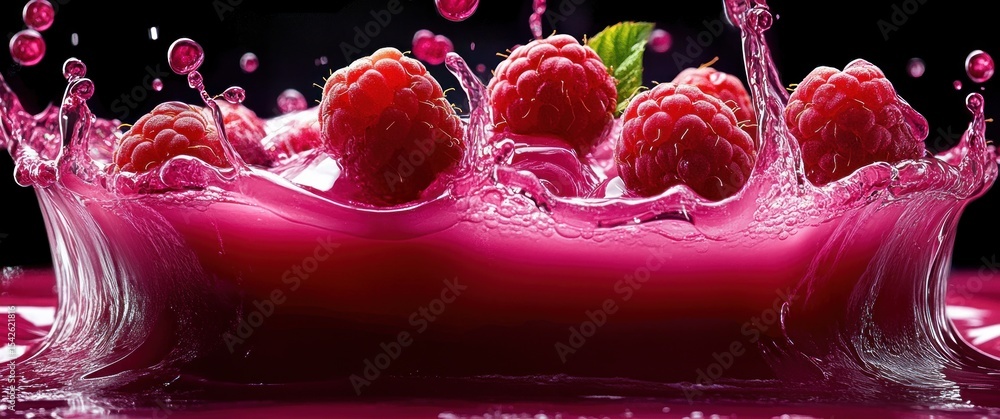 Poster fresh raspberries splashing into vibrant pink liquid creating dynamic droplets and waves against bla