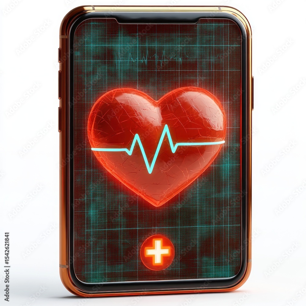 Poster 3d rendered smartphone displaying a glowing red heart with an electrocardiogram pulse line on a digi