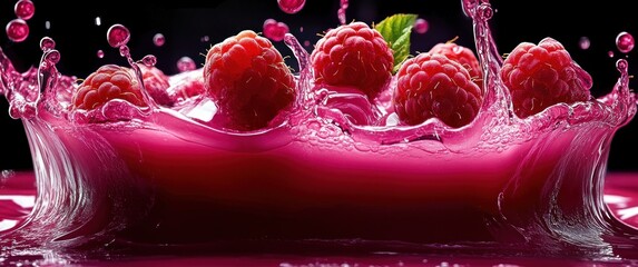 Fresh raspberries splashing into vibrant pink liquid creating dynamic droplets and waves against black background