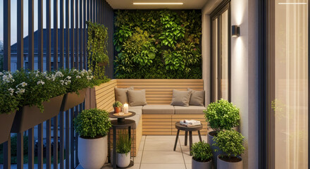 A cozy balcony with a living green wall, wooden bench seating with cushions, potted plants, small tables, and evening lighting, creating an urban oasis.