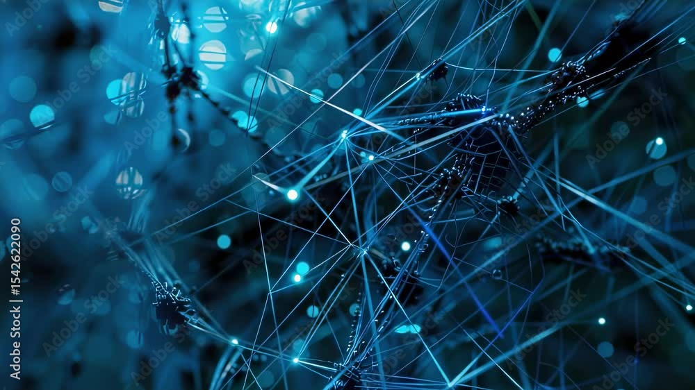 Poster abstract network of interconnected nodes with glowing blue lines, futuristic technology concept