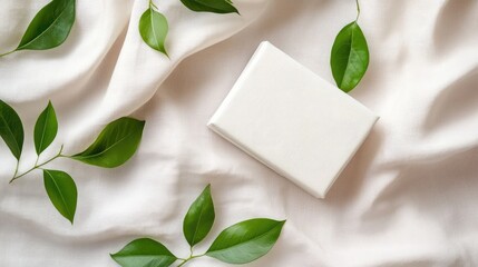 Empty white box surrounded by fresh green leaves on a cream-colored fabric.