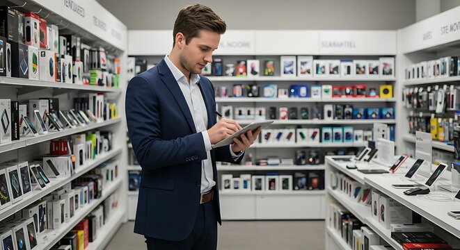 Sales representative taking notes on a tablet inside a tech retail store, clean shelves with gadgets in soft focus