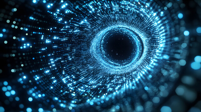 Abstract Blue Tunnel of Light with Digital Particles and Code