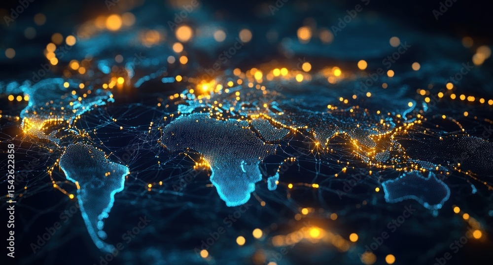 Poster digital world map illuminated with interconnected glowing blue nodes and orange lights, symbolizing 