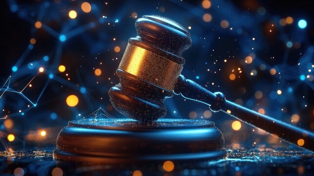 Close-up of a wooden judge's gavel striking a sounding block surrounded by glowing particles and abstract blue network connections evoking law and justice