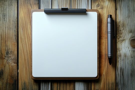 Blank white notepad on wooden clipboard with black pen on rustic wooden table, ready for writing or sketching