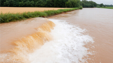 Flooded river with muddy water flowing over small waterfall near green grass and dense forest under cloudy sky