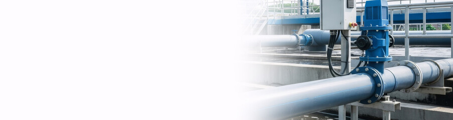 Naklejka premium Water treatment plant with large blue pipes for industrial wastewater purification. Modern sewerage system for environmental safety.