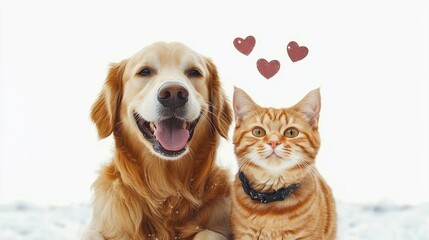 happy golden retriever dog and curious ginger tabby cat sitting closely together with illustrated hearts above them on white background