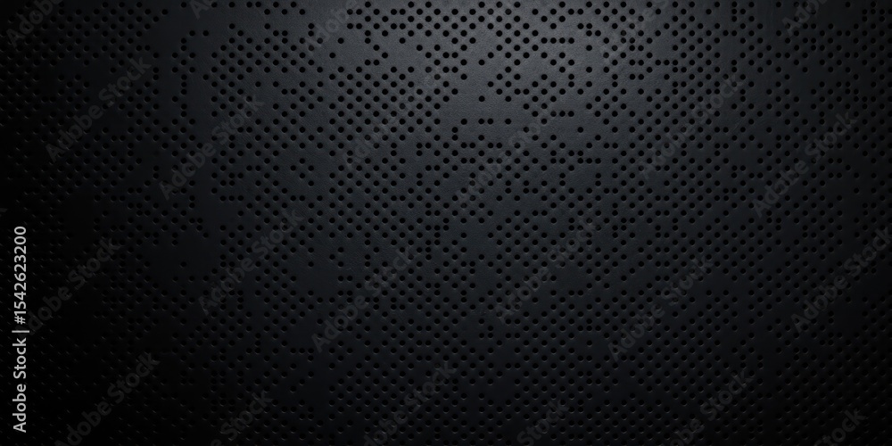 Poster close-up view of a black perforated surface with numerous small round holes creating a textured, ind