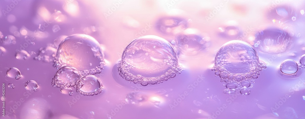 Poster close-up of translucent water bubbles on a lilac surface with soft light reflections creating a drea