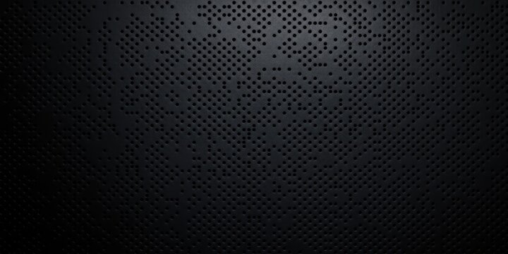 Close-up view of a black perforated surface with numerous small round holes creating a textured, industrial pattern