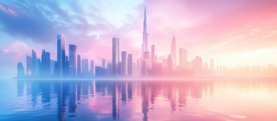 Fototapeta premium Pastel city skyline reflected on water at dawn