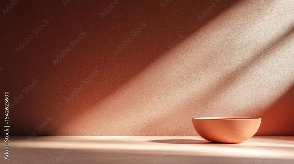 Poster minimalist empty terracotta bowl on a smooth surface with soft diagonal sunlight casting shadows on 