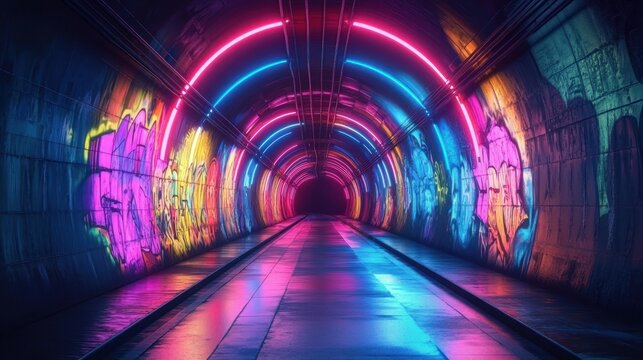 Perspective view of an urban tunnel illuminated by vibrant neon pink and blue circular lights with colorful graffiti walls and reflective wet floor creating a futuristic atmosphere
