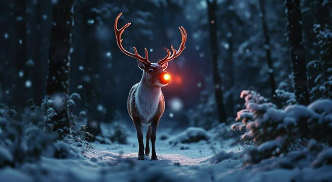 Animated Reindeer with Glowing Nose in Winter Forest Snowfall at Night