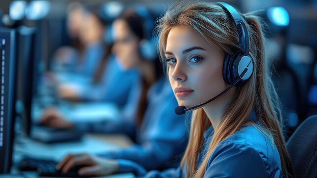 Young woman with headset working at a computer in a call center environment with colleagues focused in the background