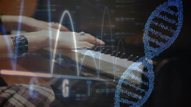 Female pianist pressing keys in music demo, revealing waveform and DNA helix showing genetic code