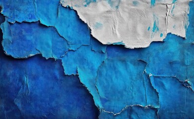 Obraz premium Close-up of peeling layered blue and white paint on a textured wall showing weathered and cracked surface
