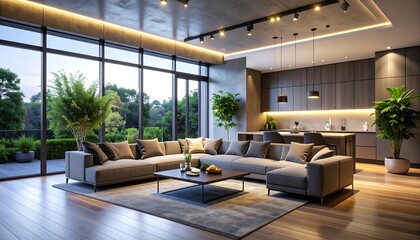 Serene interior showcases a modern living space connected to nature through a panoramic window view.