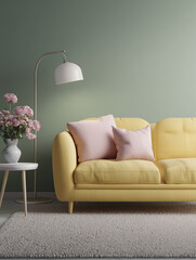 Living room interior with pastel color scheme, yellow sofa with pink cushions, side table with pink flowers, floor lamp, soft textured rug, calm and cozy atmosphere