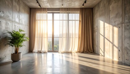 Sunlit interior room with concrete walls, polished floors, flowing curtains and potted plant