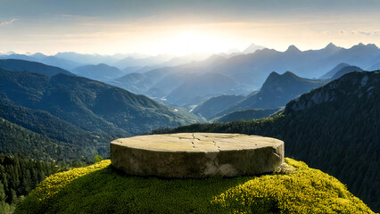 Scenic mountain landscape with a stone platform for product display and presentation