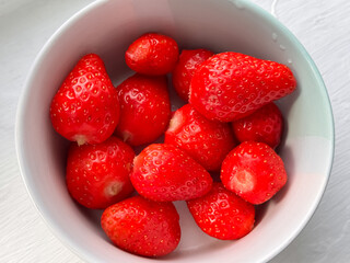Fresh Red Strawberries Cut in Half Bowl Top View Healthy Snack