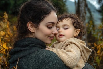 Close affectionate moment of a woman holding a sleeping child outdoors surrounded by autumn foliage with tender expressions and calm atmosphere
