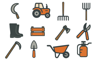 Garden Tool Icons Collection, gardening tools and equipment, including a tractor, rake, pitchfork, sickle, hoe, shovel, pruning shears, axe, wheelbarrow, rubber boots, a wooden crate, and a sprayer.