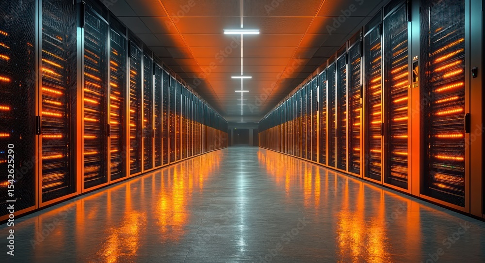 Poster long corridor lined with rows of illuminated server racks glowing with orange led lights in a modern