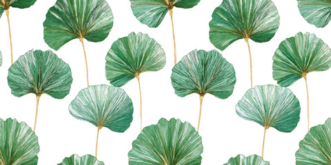 Fototapeta premium Watercolor Illustration of Prehistoric Ginkgo Leaves Seamless Pattern. Lush Ancient Foliage for design, textile, packaging, fabric, wallpaper, branding, stationery, wrapping paper interior decor.