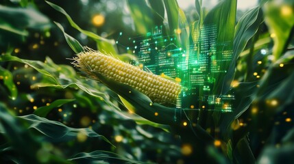 Corn cob in a field with futuristic digital overlay showing data and analytics.