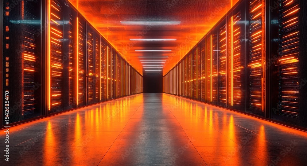 Poster futuristic data center corridor with illuminated server racks emitting intense orange light and refl